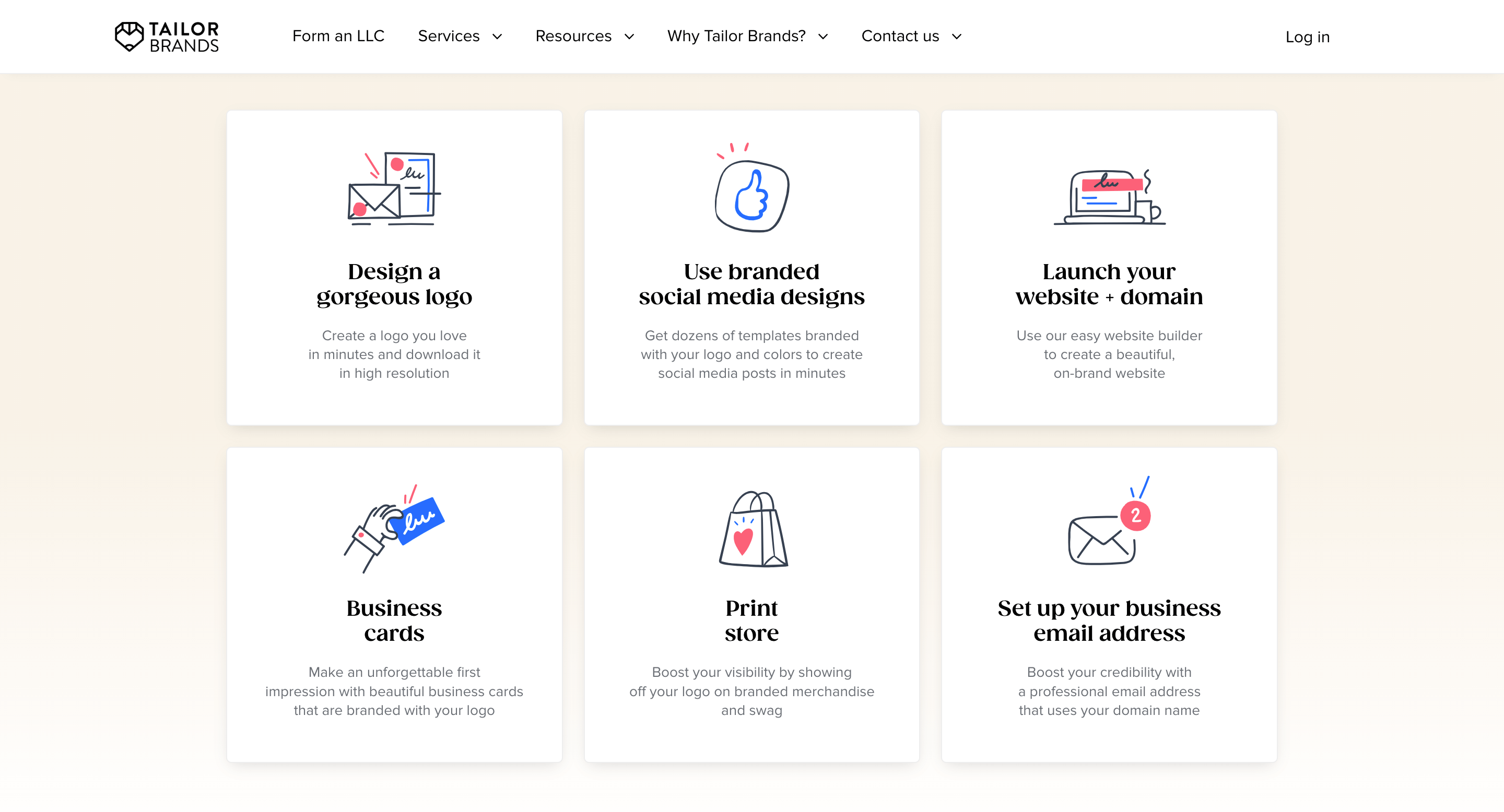 Painel do Tailor Brands para geração de kits de marca e arquivos vetoriais