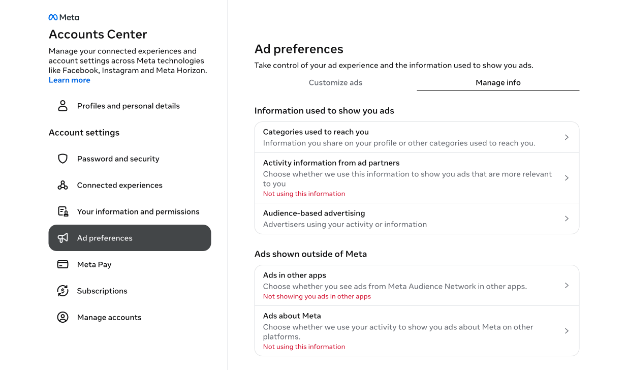 Ad Preferences settings on Facebook.