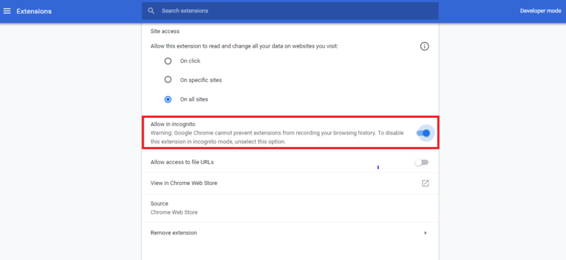 Allow Extensions in Incognito: hidden chrome settings