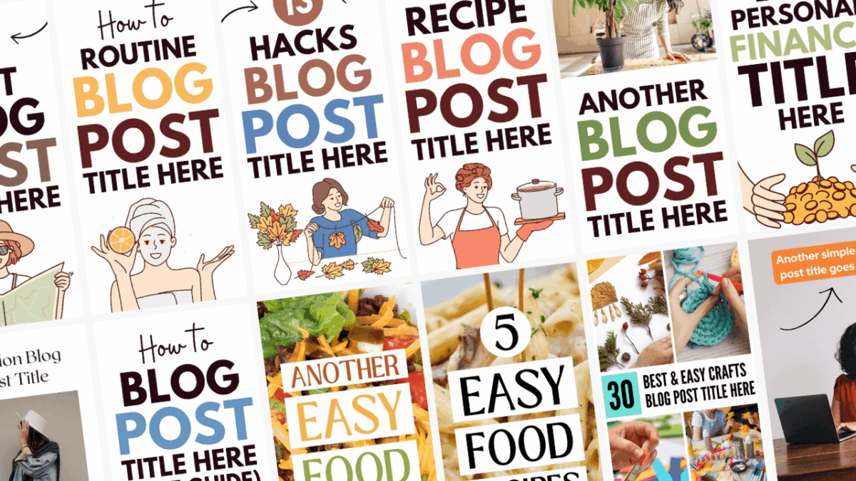 12 free Pinterest templates for Canva, showing a variety of blog post, how-to, and recipe pin designs with bold text overlays.
