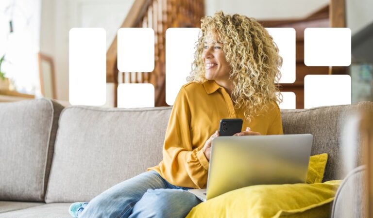 Free Pinterest templates for Canva, woman designing on laptop at home with templates displayed.