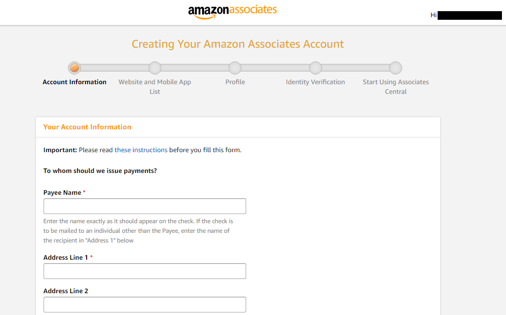 Start filling your details on amazon