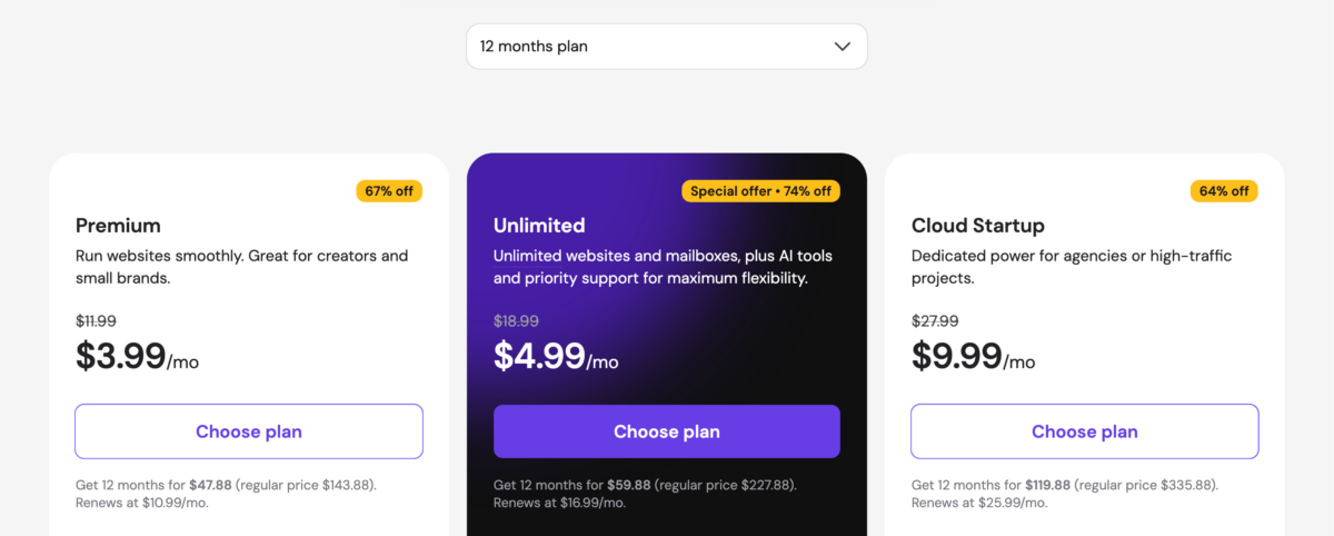 Hostinger WordPress hosting pricing plans showing Premium at $3.99/mo