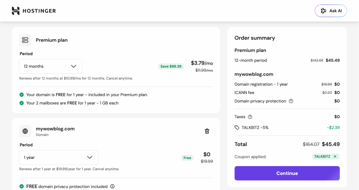 Hostinger checkout with Premium plan, domain free for 1 year, and order summary showing $45.49 total