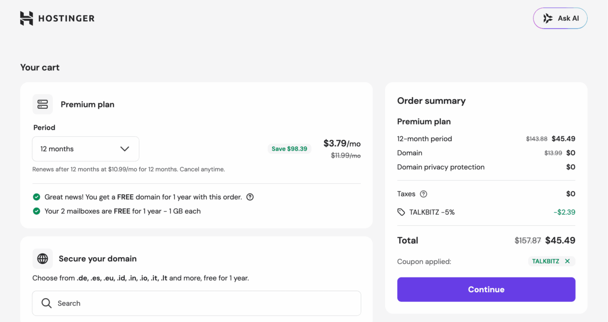 Hostinger checkout cart showing Premium plan at $45.49 total with free domain, mailboxes, and TALKBITZ coupon applied