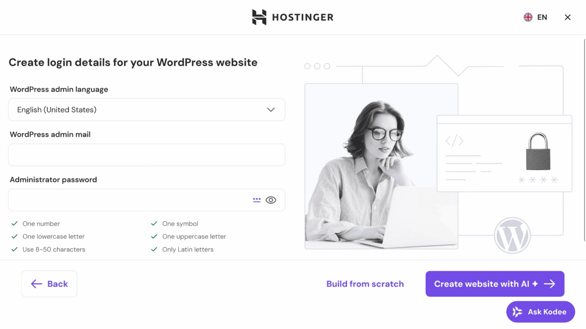 Hostinger WordPress login details form with admin language, email, and password fields
