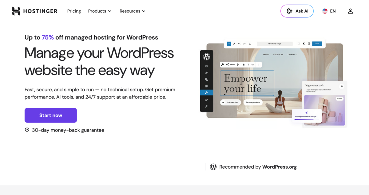 Hostinger managed WordPress hosting homepage with pricing offer and editor interface mockup