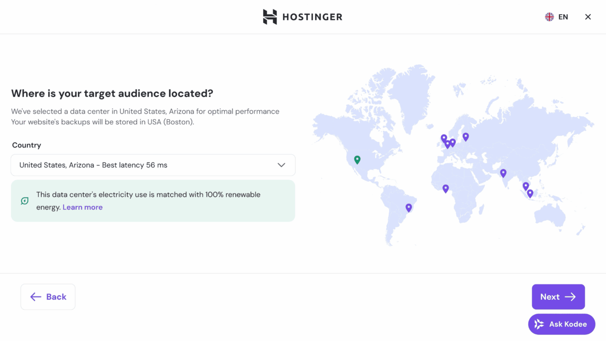 Hostinger data center selection showing United States, Arizona with 56ms latency and world map of server locations