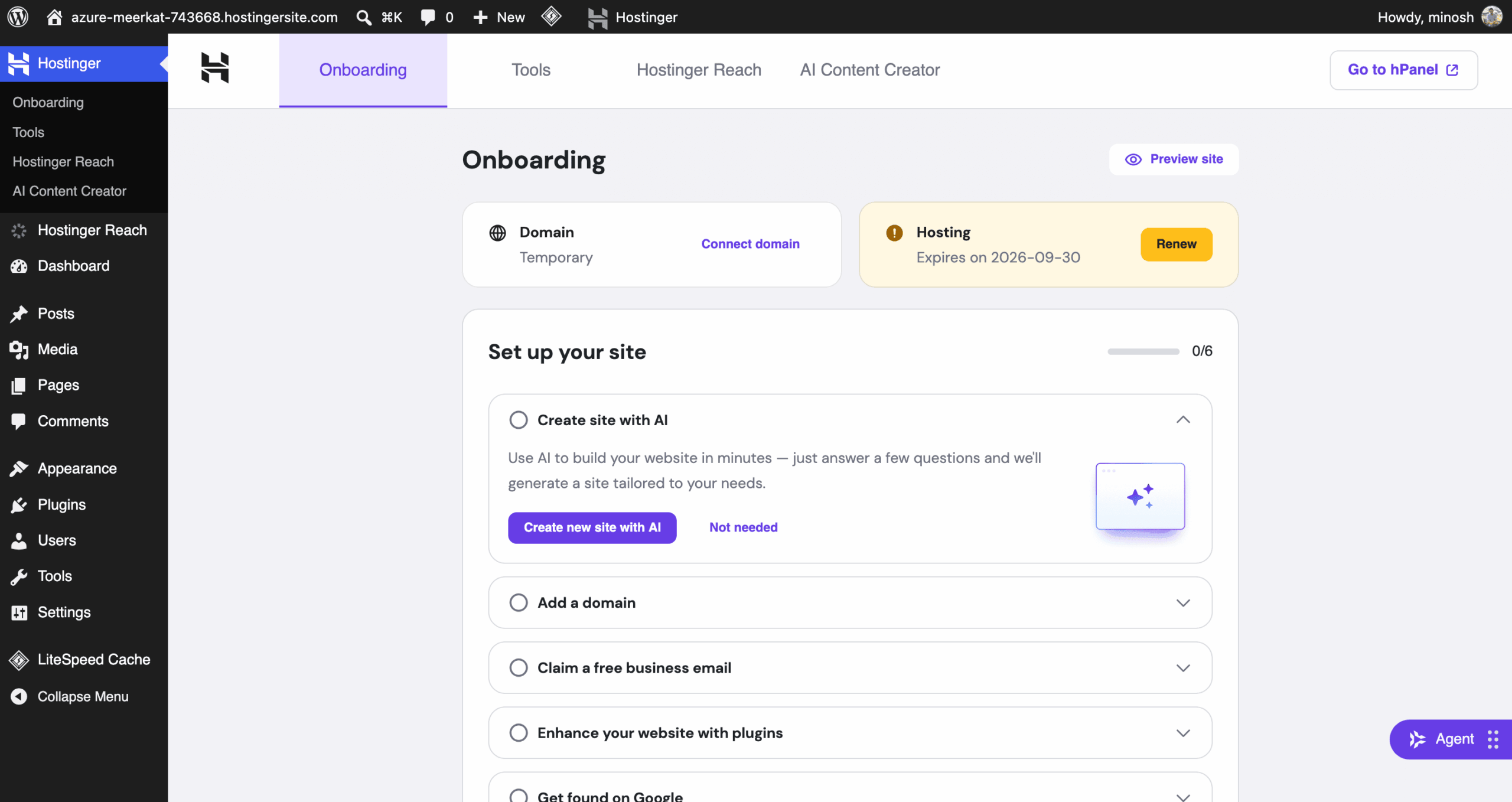 Hostinger WordPress dashboard showing welcome screen