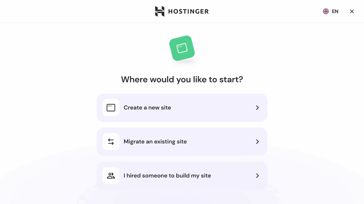 Hostinger setup wizard asking "Where would you like to start?" with options to create new site, migrate existing site, or hire someone to build site