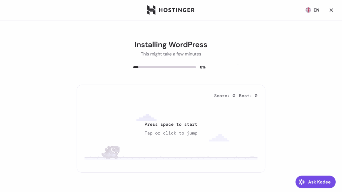 Hostinger WordPress installation progress screen showing 8% completion with loading bar and interactive game element