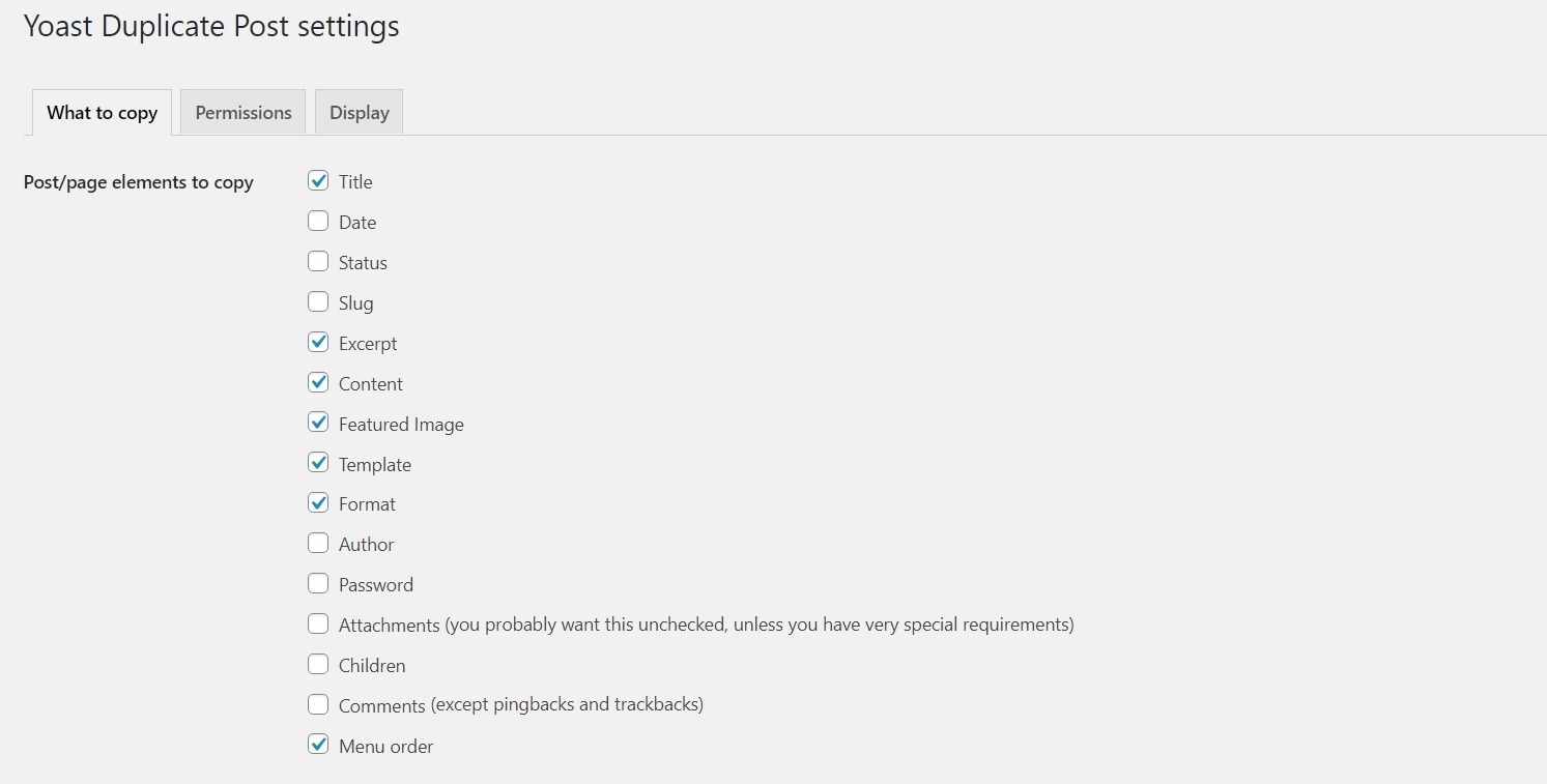WordPress Page duplicate settings