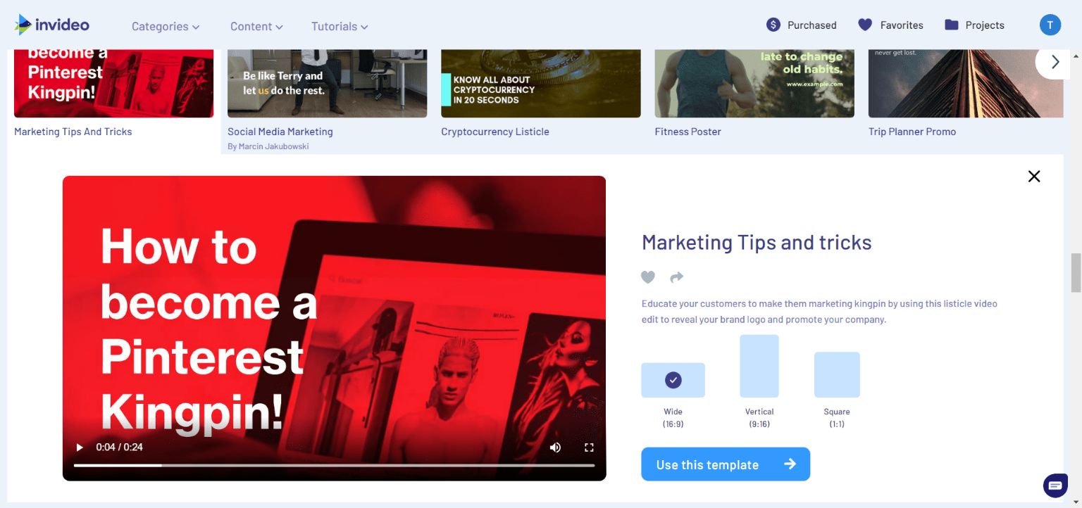 Choosing a Video Template on InVideo
