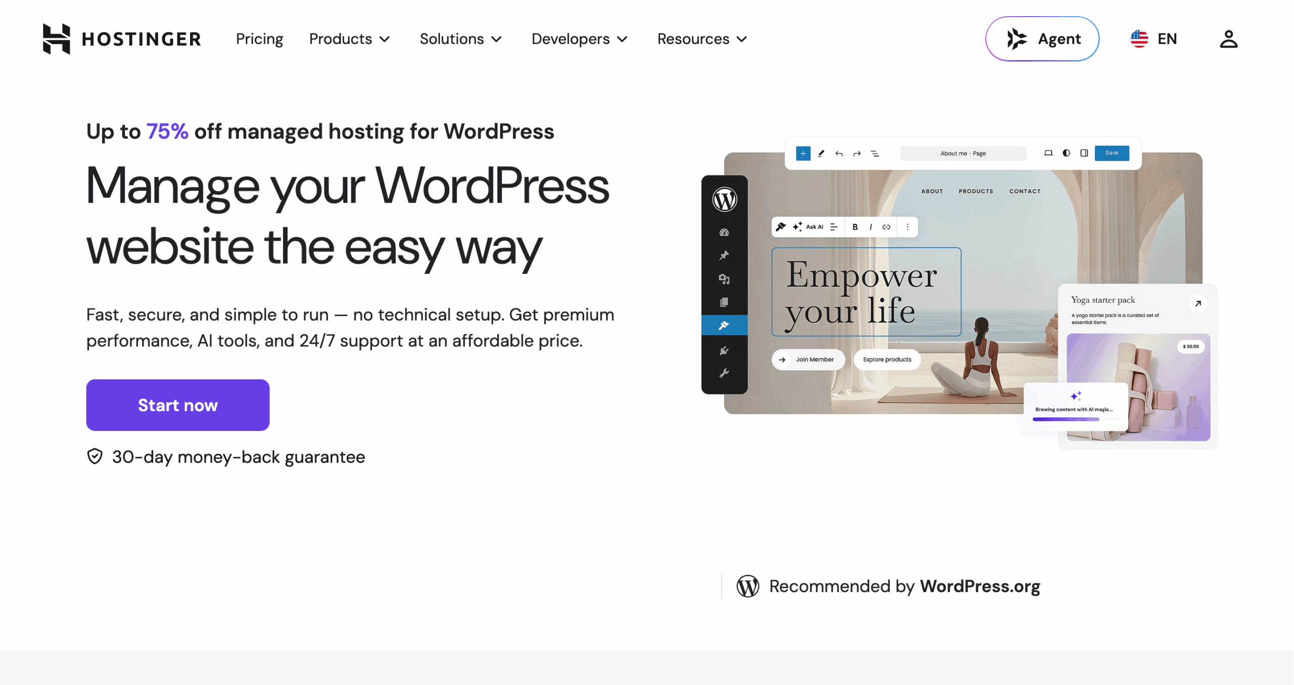 Hostinger managed WordPress hosting for small business websites