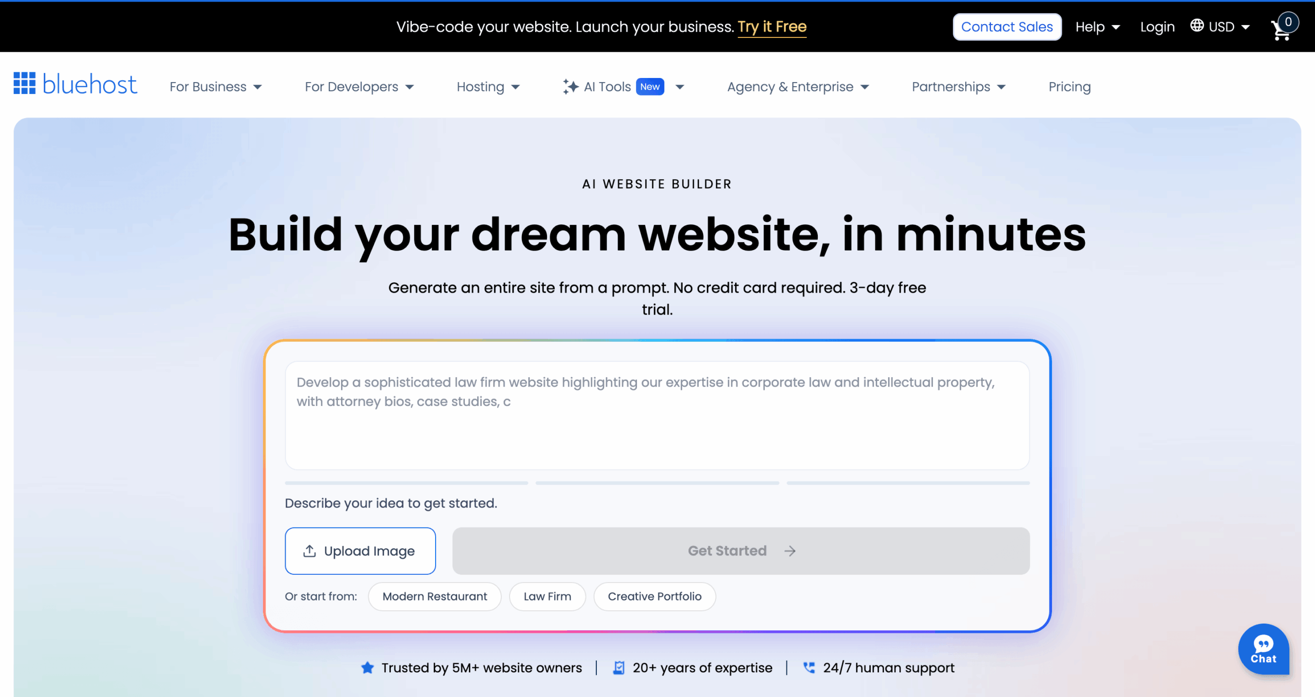 Bluehost AI website builder for creating a site from a text prompt.