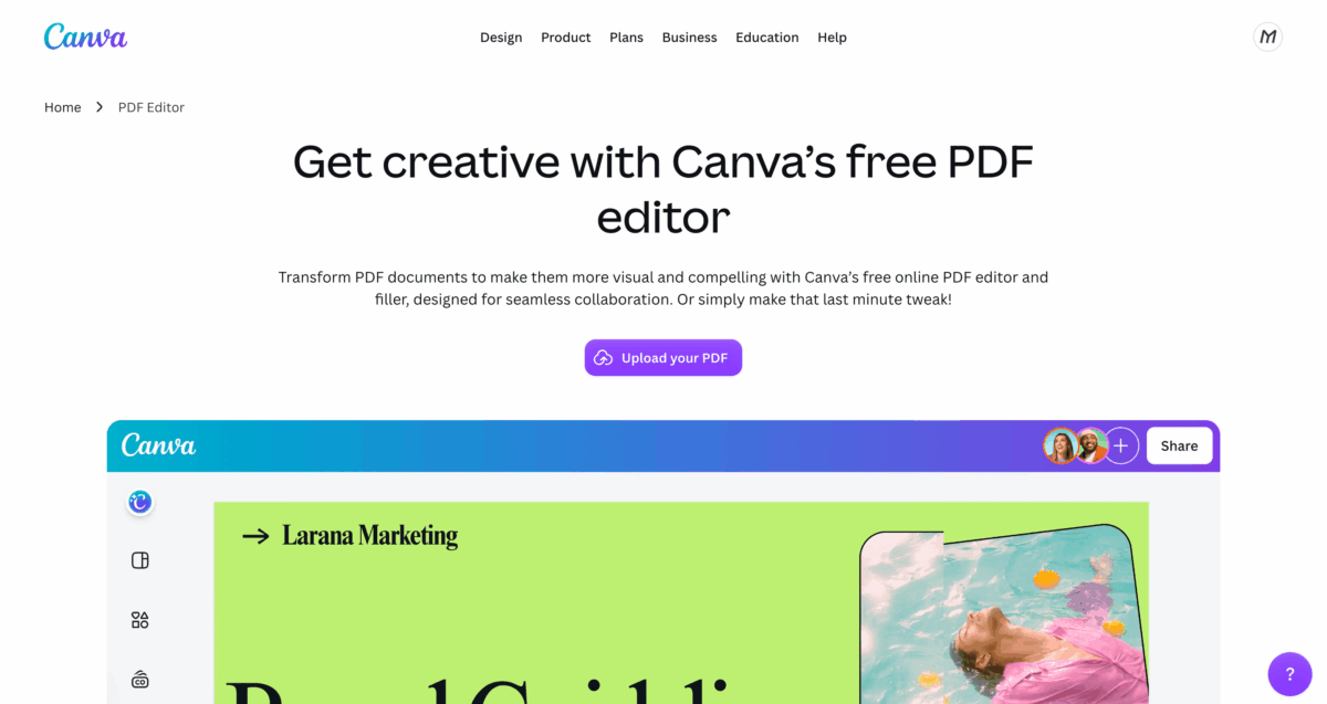 Canva PDF editor landing page with upload button and free online PDF editing tools