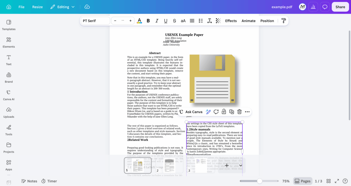 Canva PDF editor showing academic document with abstract and section headings