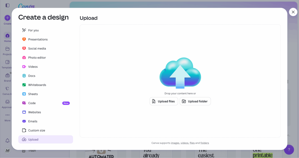 Upload files and folders in Canva, with options for images, videos, and documents