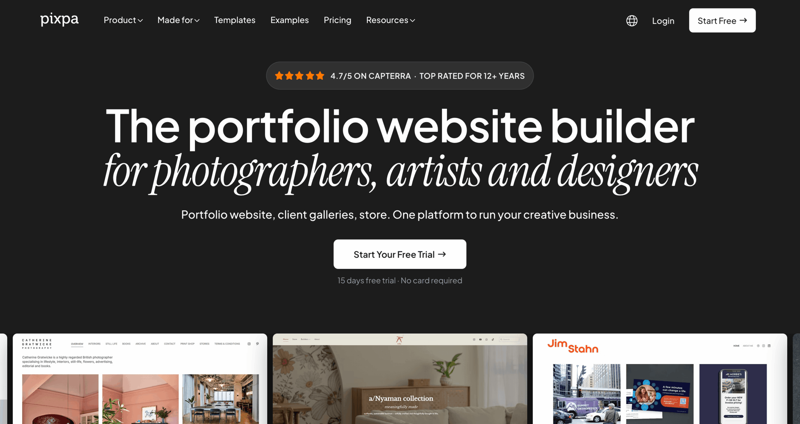 Pixpa portfolio website builder homepage for photographers and artists.
