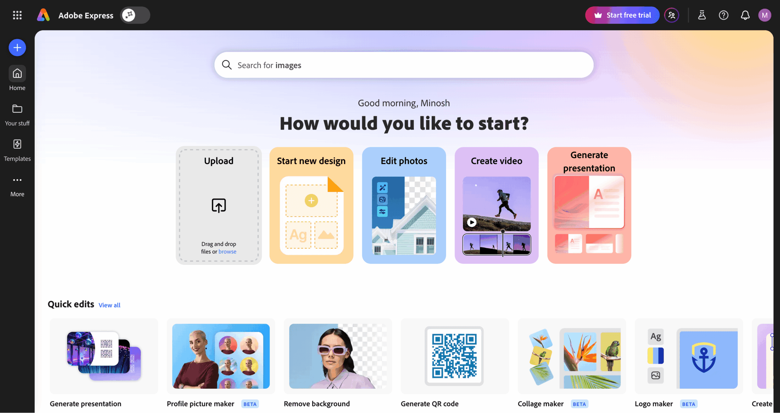 Adobe Express dashboard homepage with search bar, project start cards, and quick edit tools