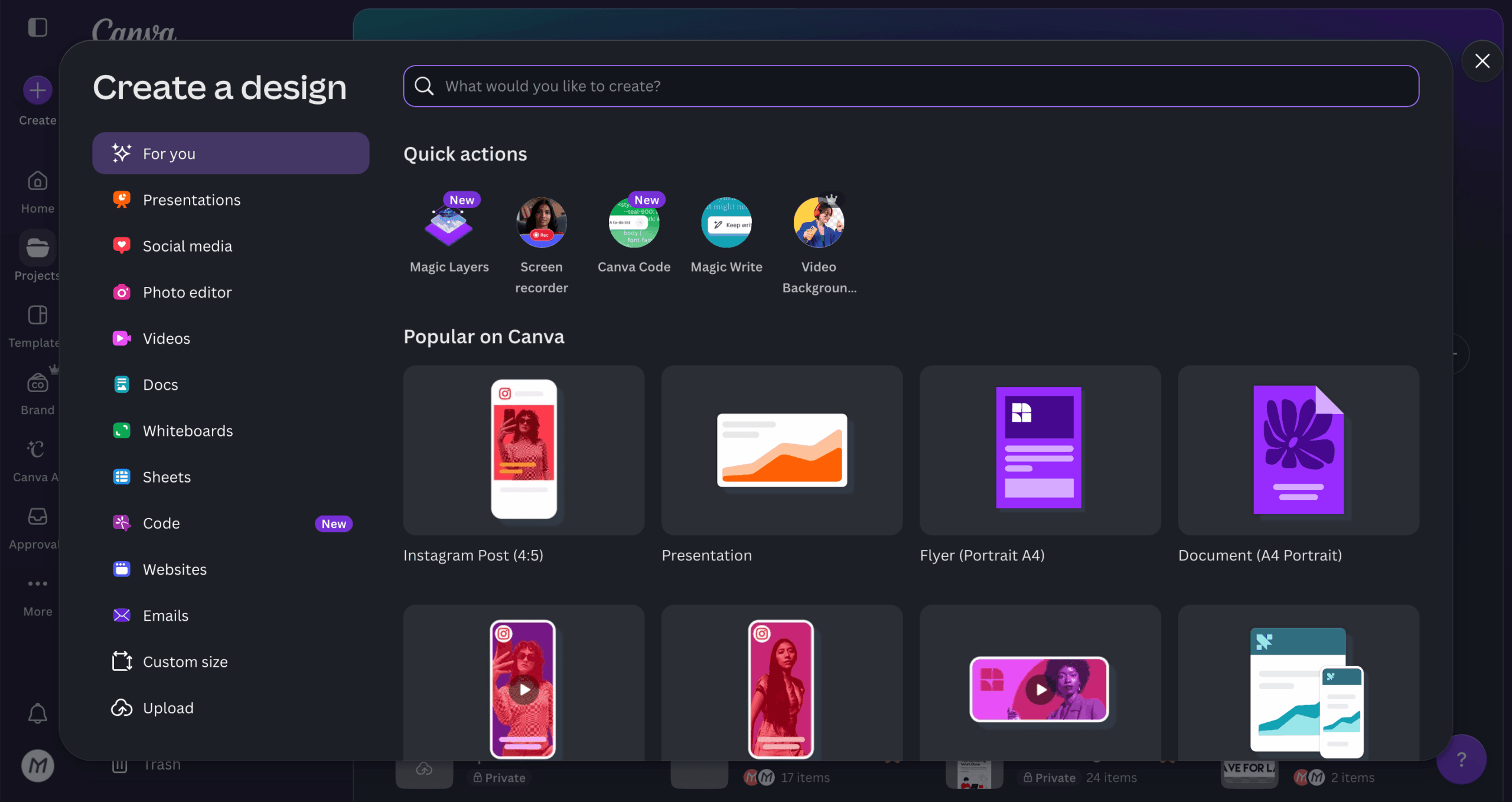 Canva create a design interface in dark mode