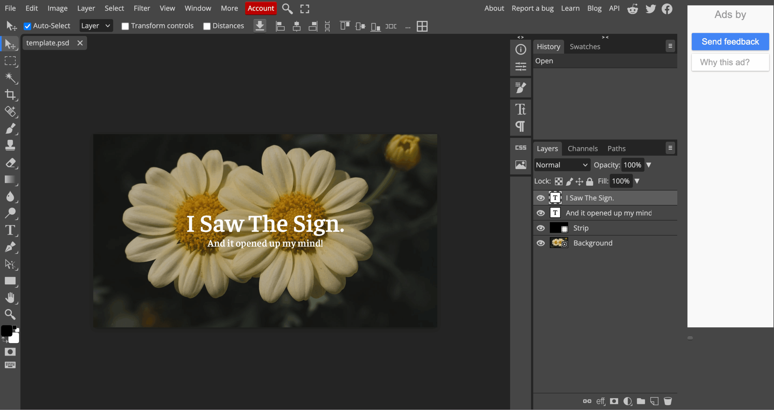 Photopea interface editing a daisy image with text overlay
