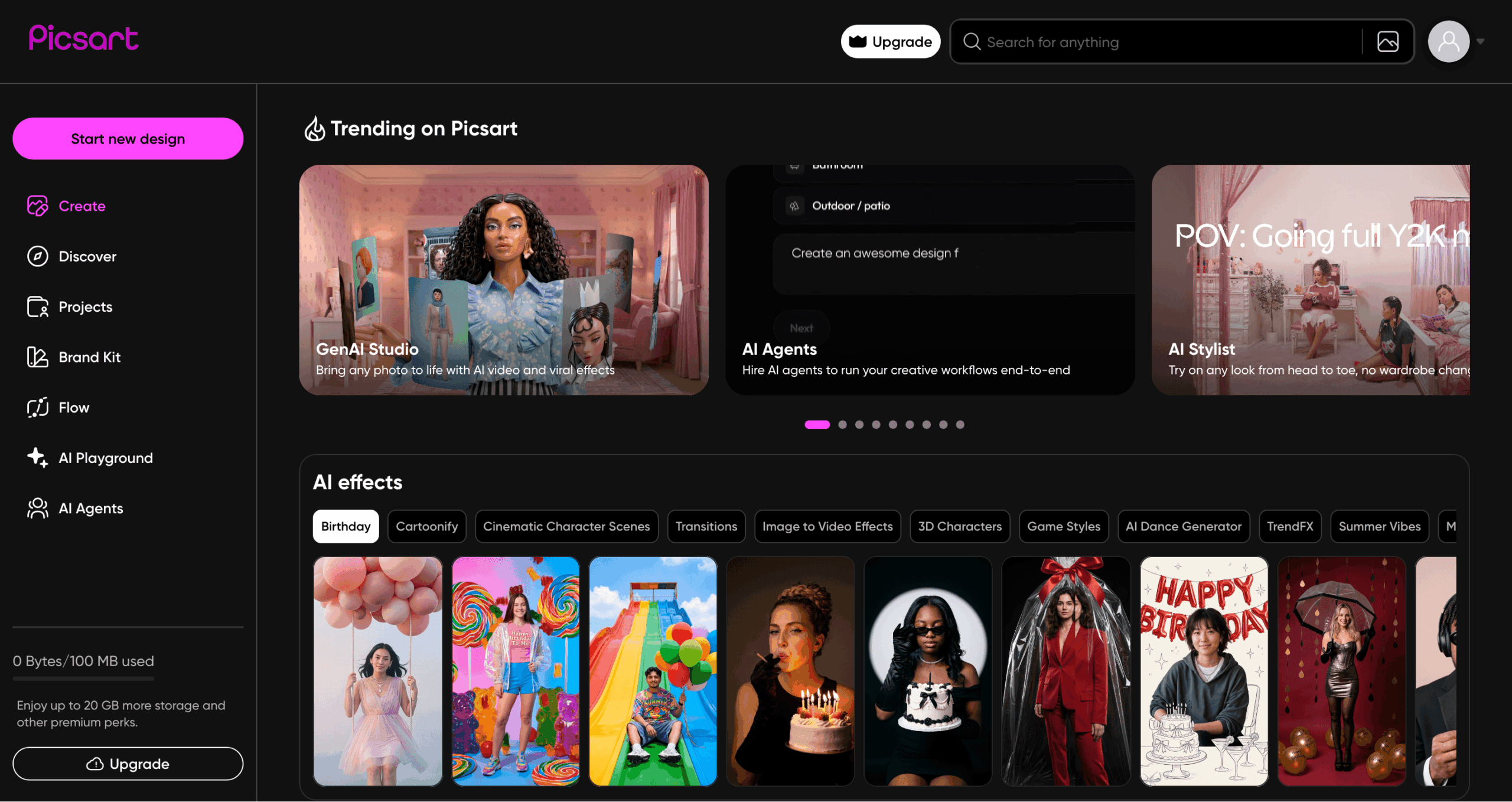 Picsart AI design dashboard with GenAI Studio, AI Agents, and AI effects