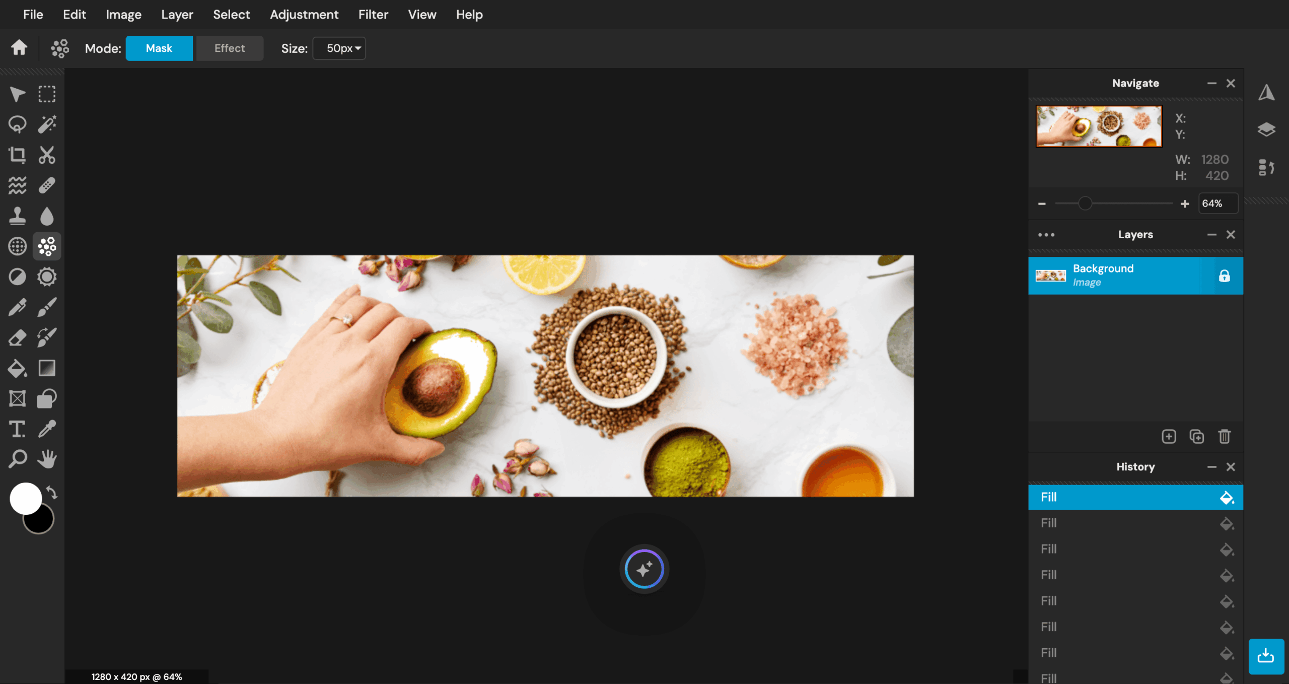 Pixlr photo editor interface with avocado food image