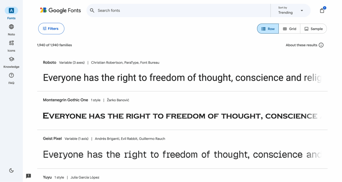 Google Fonts Web Screenshot