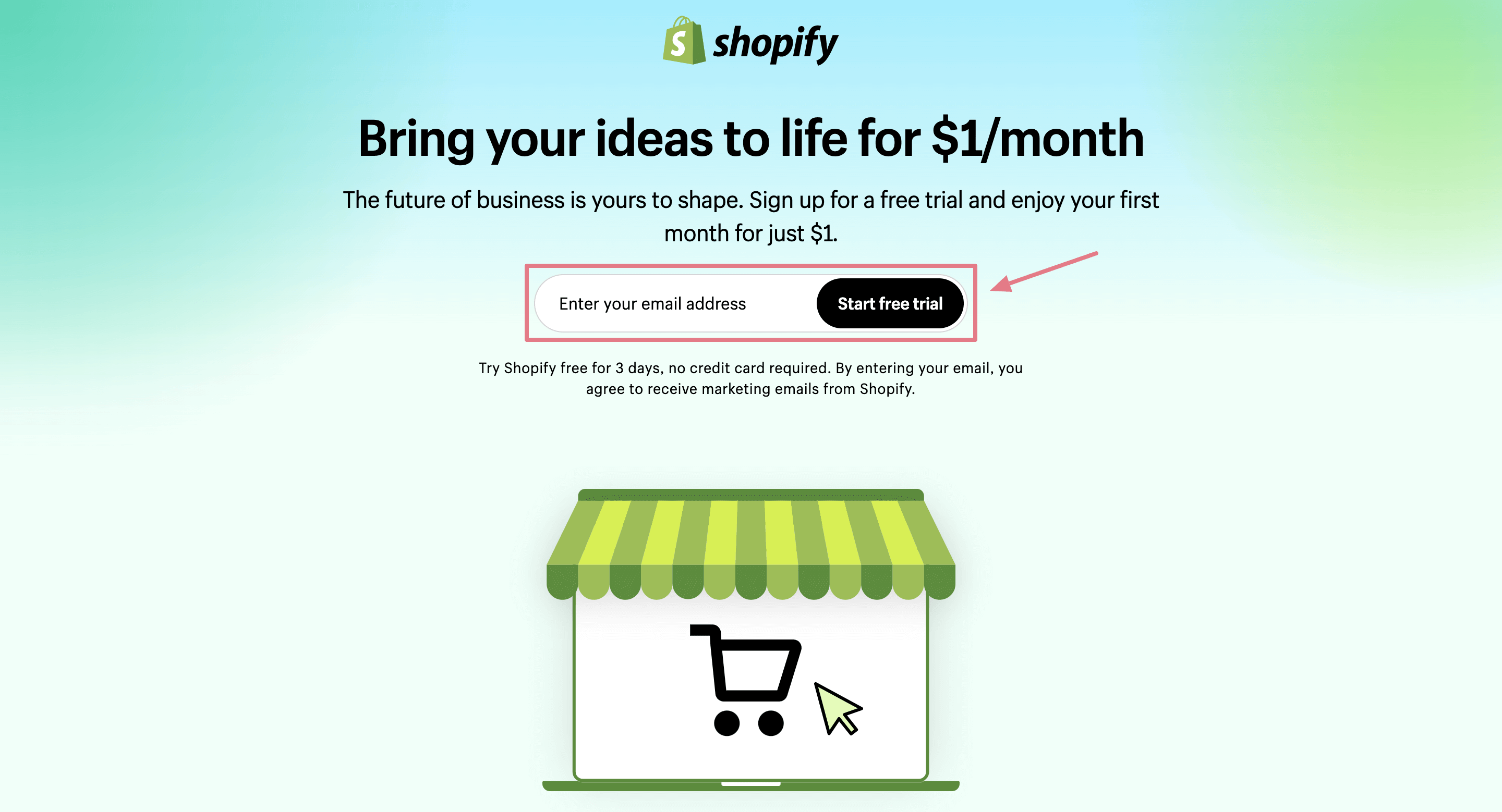 Shopify New Free Trial Homepage Screenshot