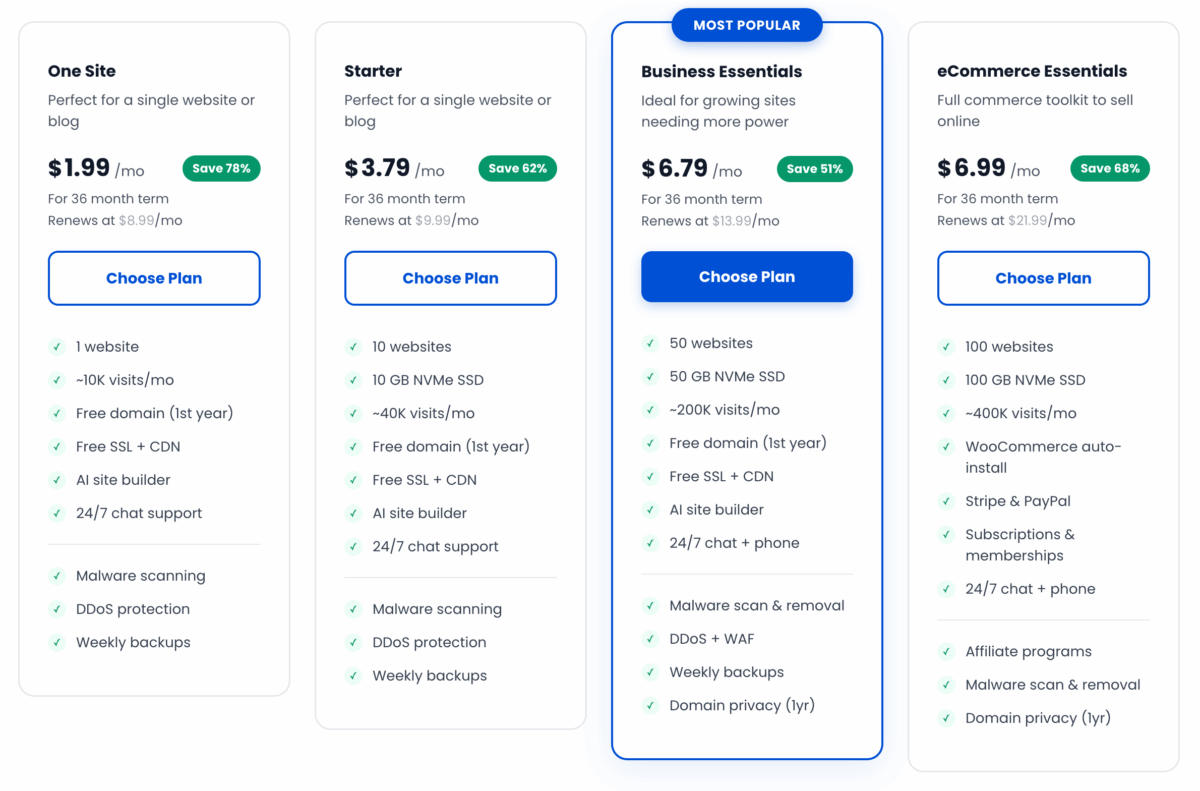 Bluehost 3-year hosting plans starting at $1.99 per month