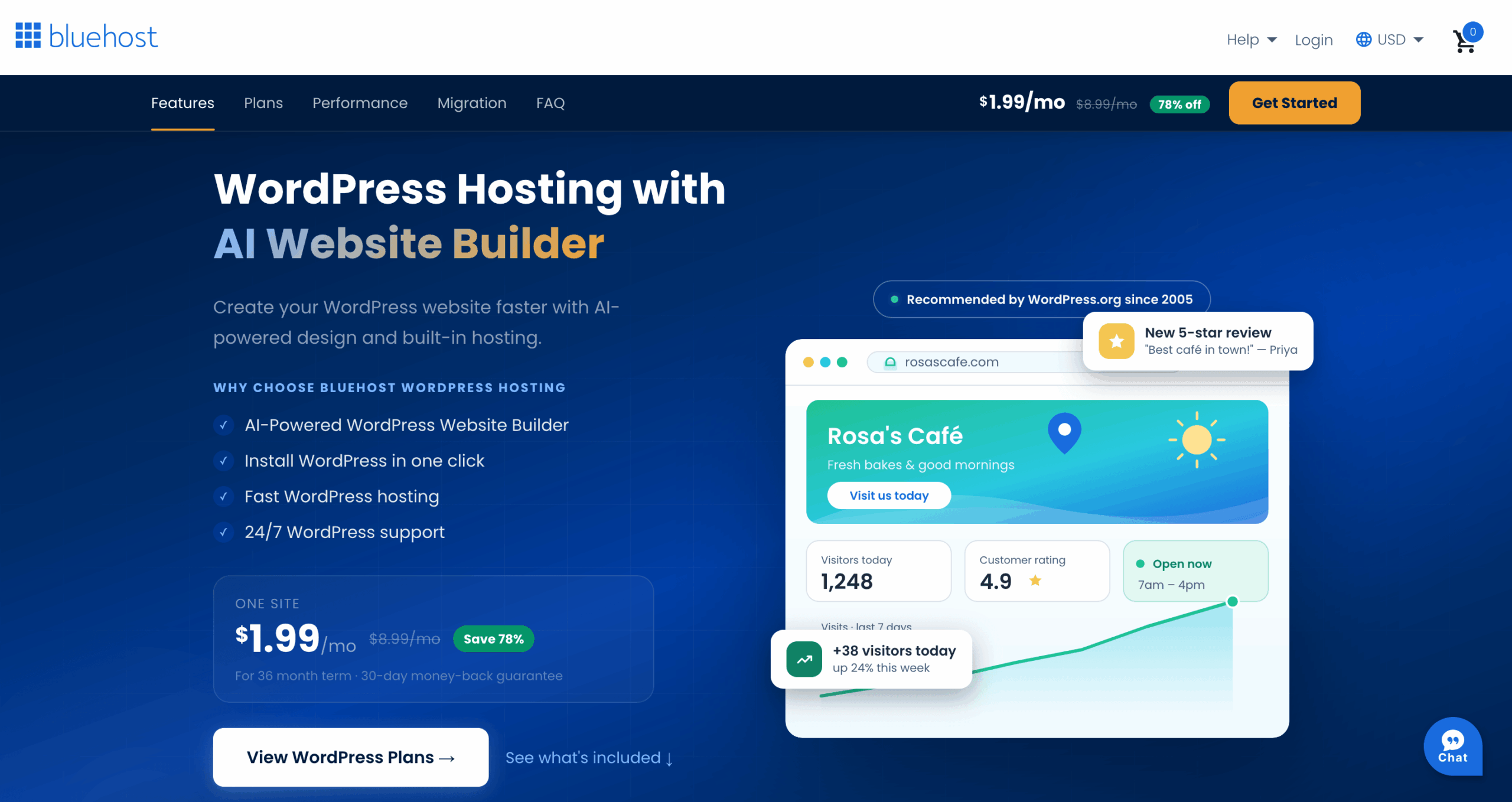 Bluehost WordPress hosting homepage with AI website builder and pricing plans