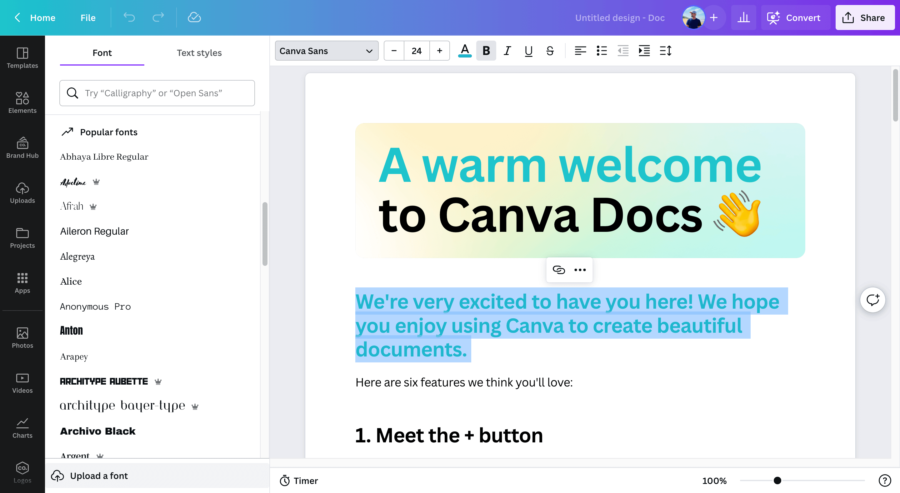 Easy-to-use Interface in Canva Docs