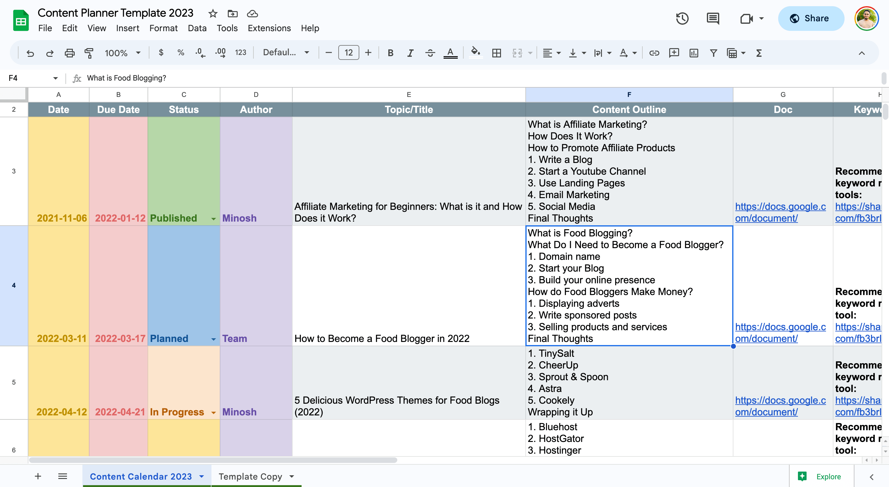 Free Content Planner Template Google Sheets
