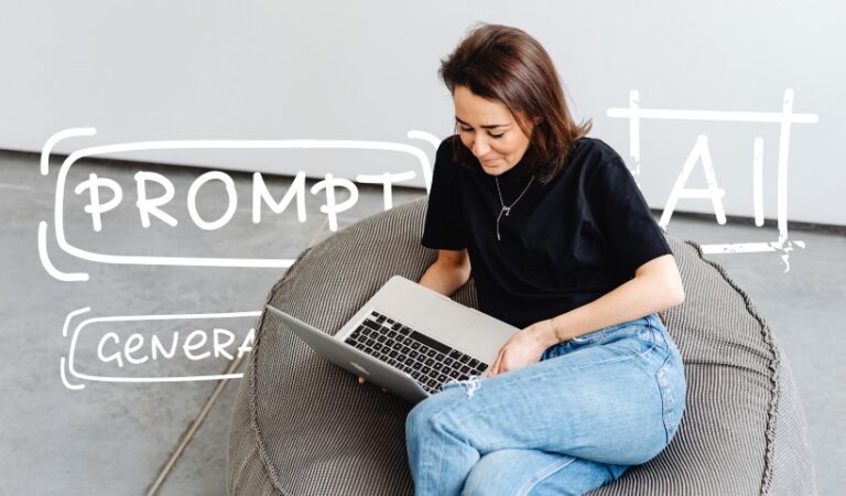 Woman using laptop with AI prompt and generate text overlay, ChatGPT alternatives concept.