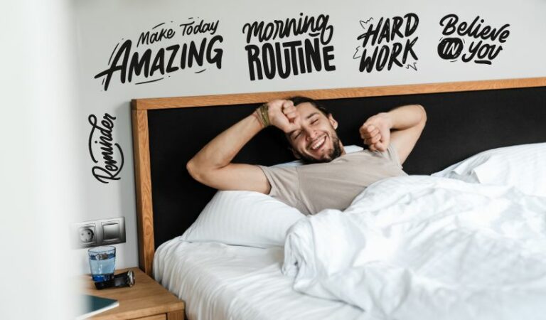Happy young man waking up in the morning for a more productive morning routine