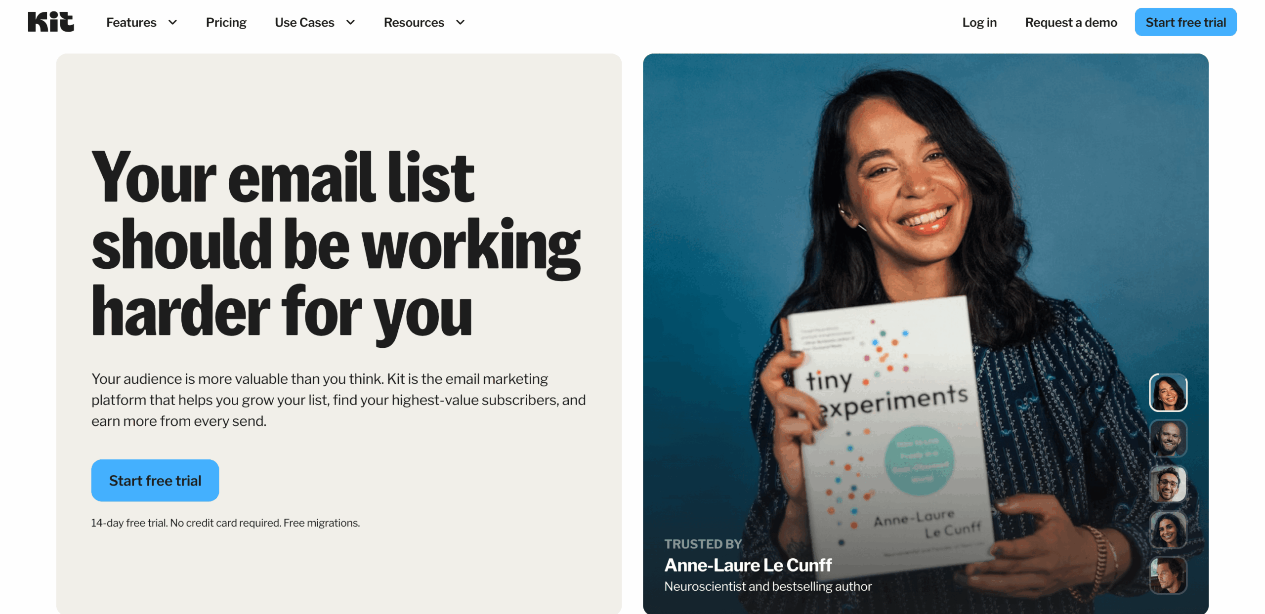 Kit email marketing platform homepage screenshot