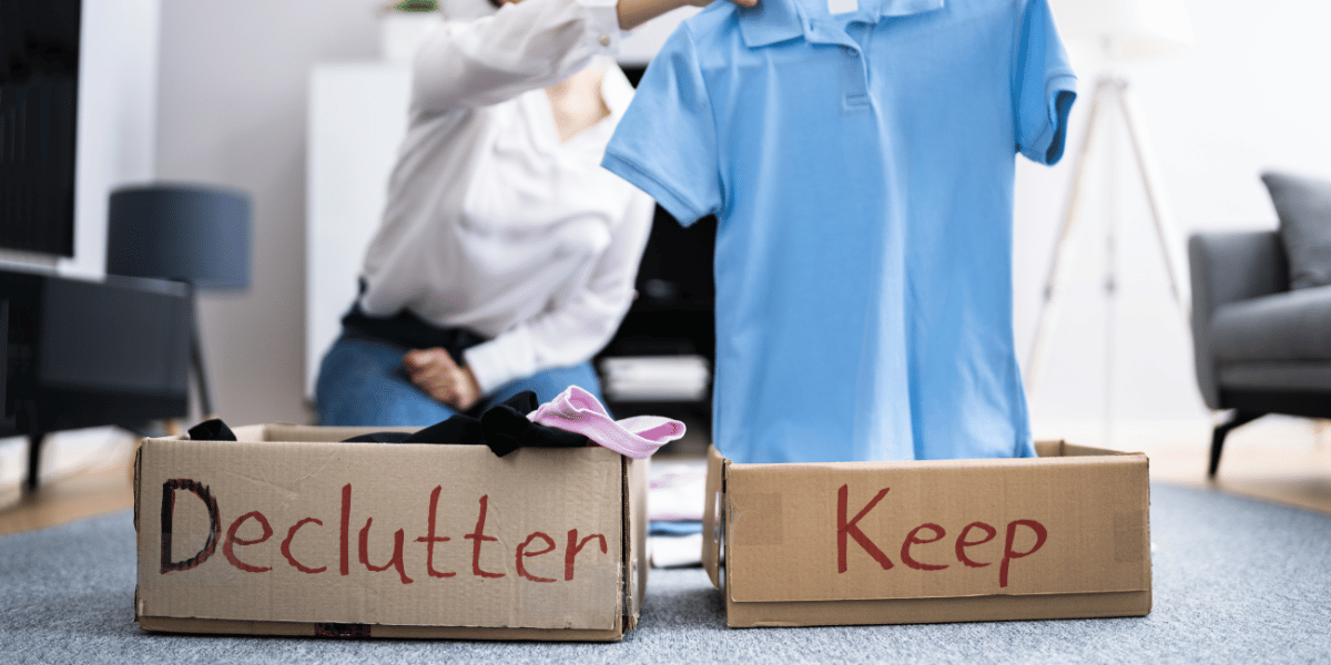 Woman Decluttering Clothes, Sorting