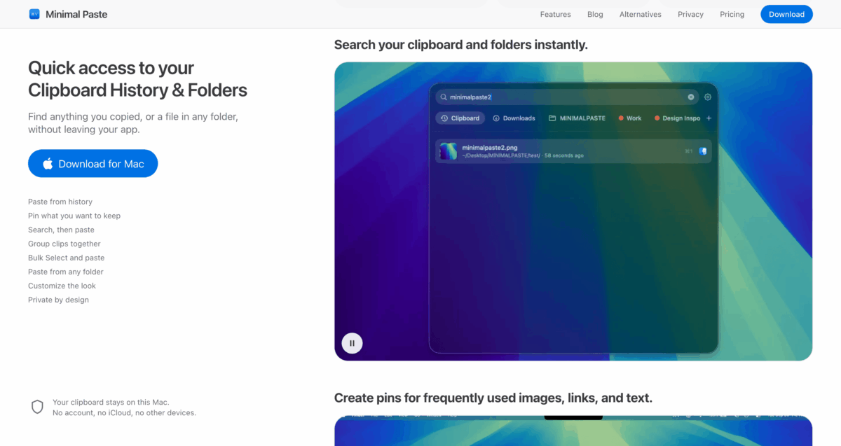MinimalPaste clipboard manager for Mac showing shelf with clipboard history, Downloads, and folder tabs