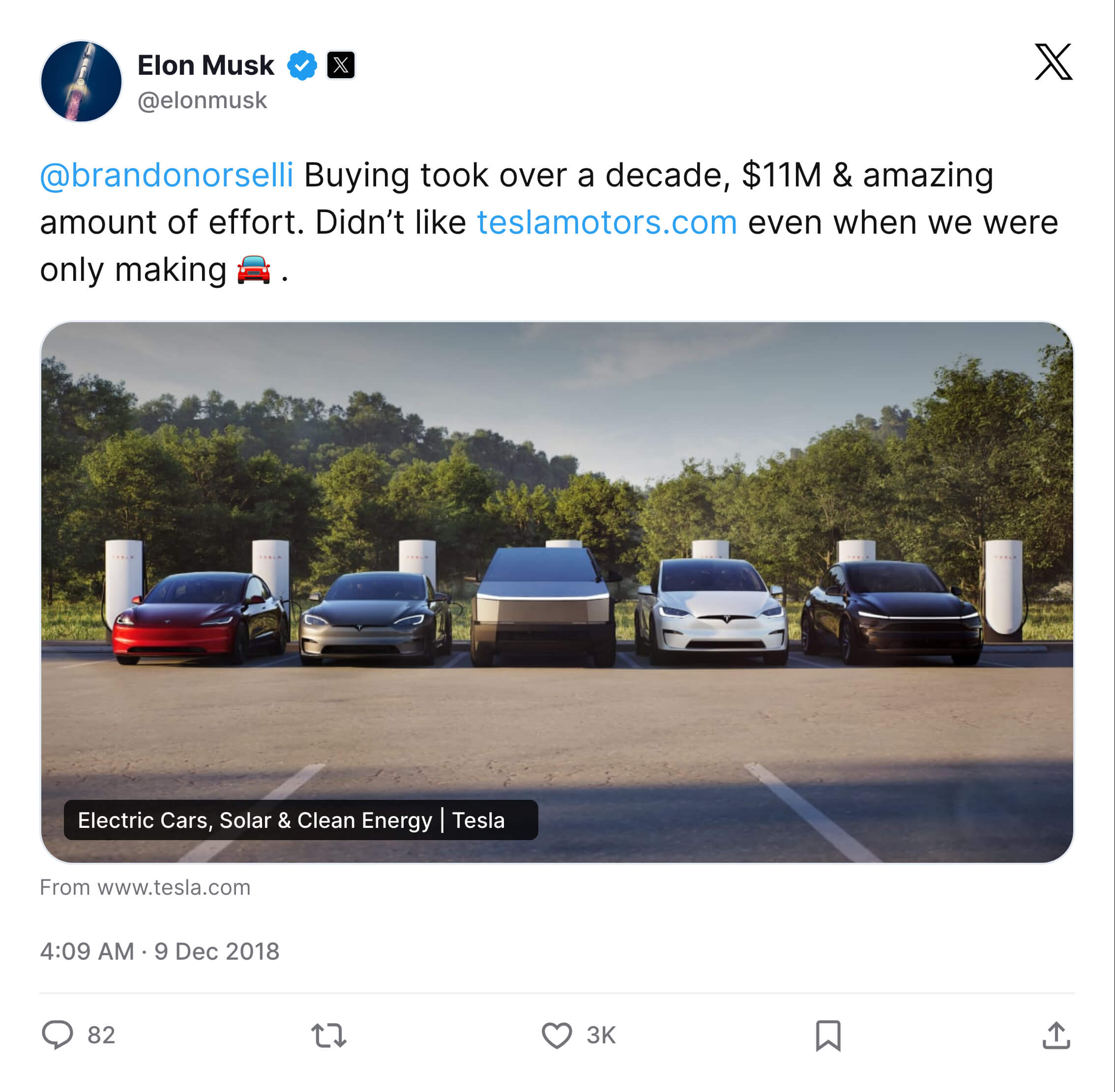 Elon Musk finally acquired Tesla.com Tweet