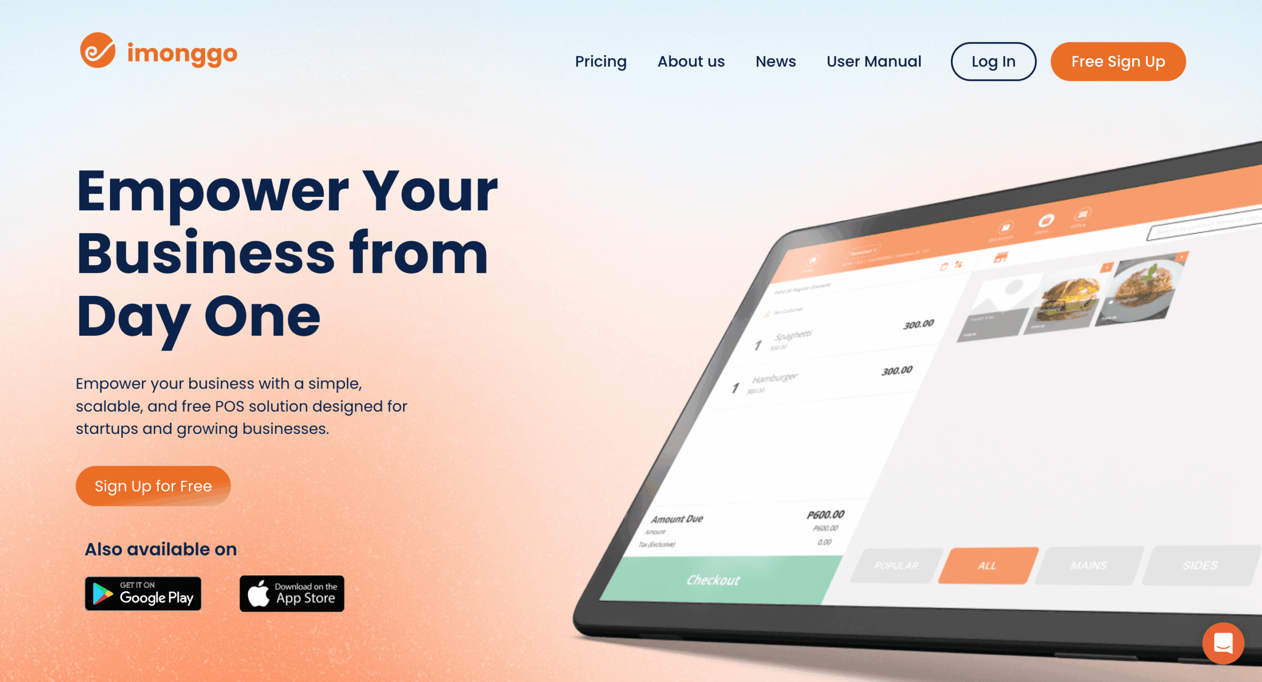 Imonggo free forever POS software homepage showing free plan features