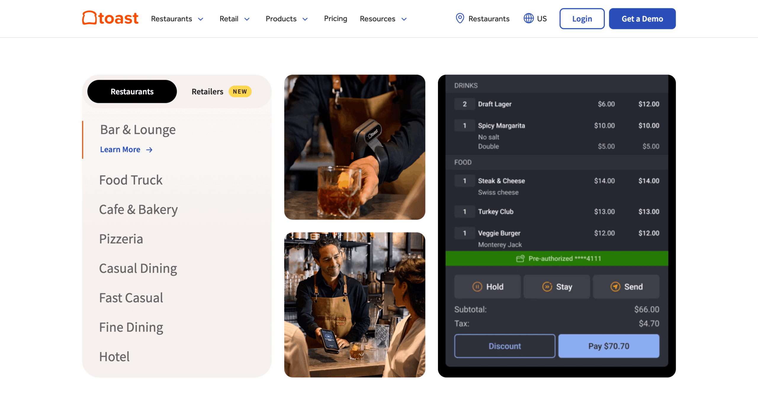 Toast POS restaurant interface on tablet at counter