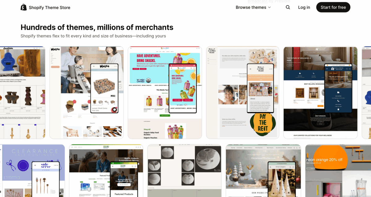 Shopify Theme Store homepage showing various mobile and desktop store theme previews