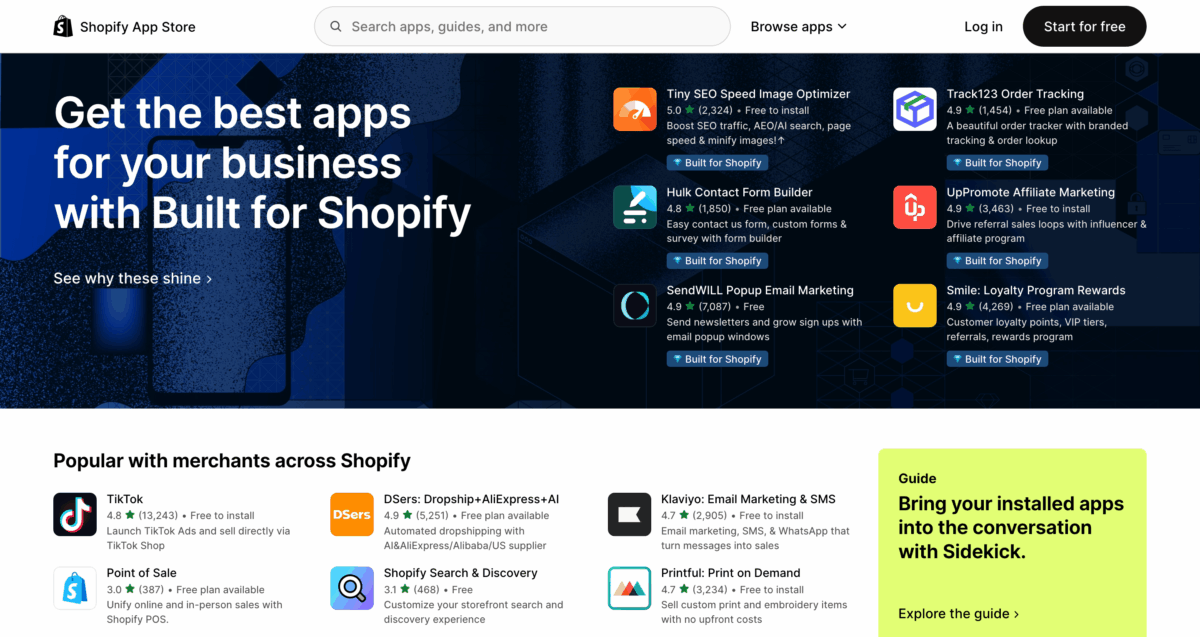 Shopify App Store homepage with featured apps and popular merchant tools