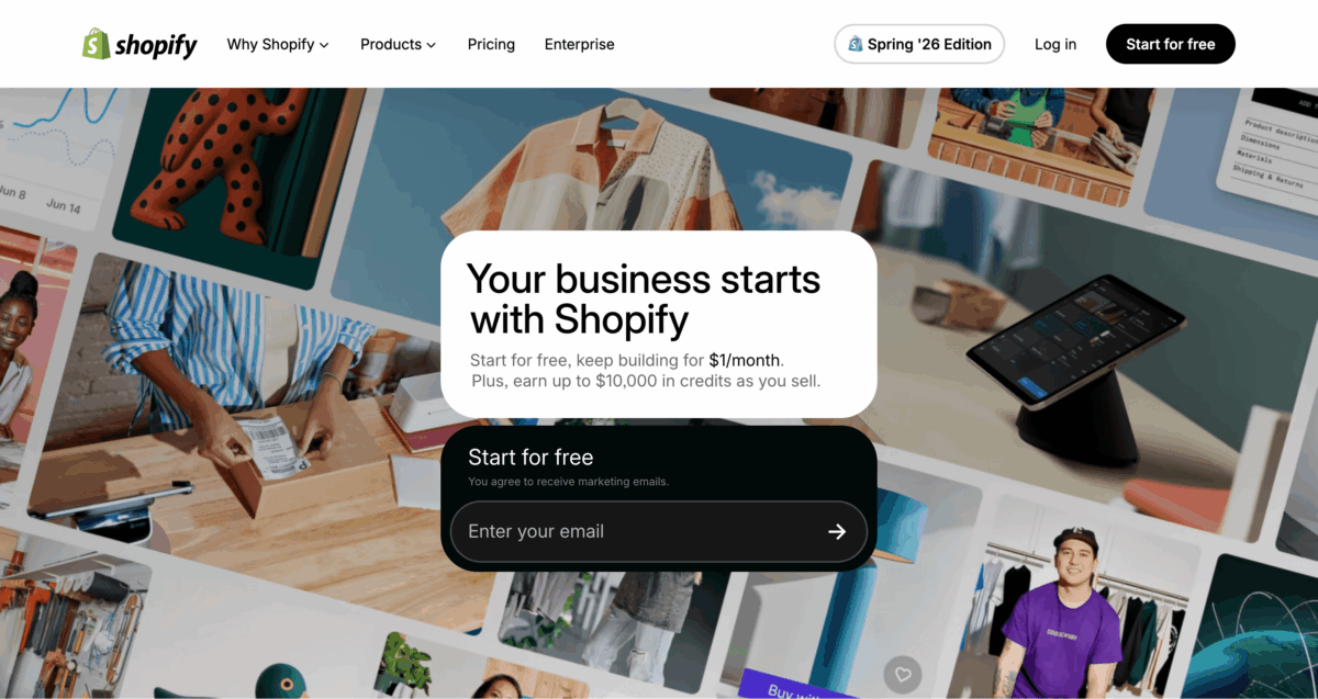 Shopify homepage with "Start for free" sign-up form and $1/month offer