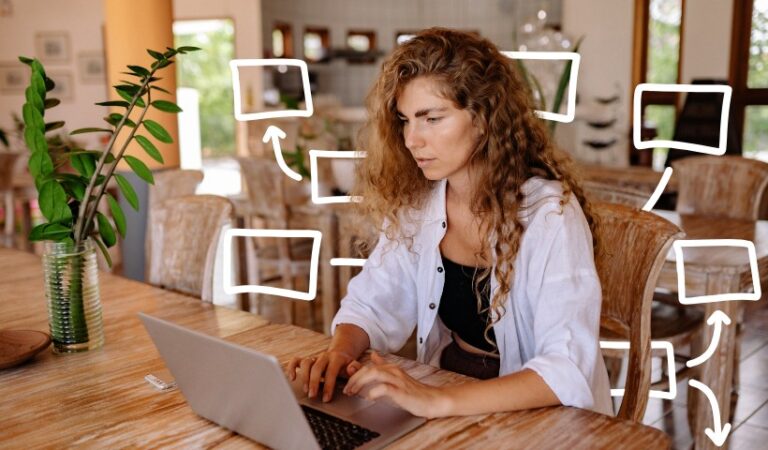 Woman managing automated business ideas on laptop with digital workflow systems.