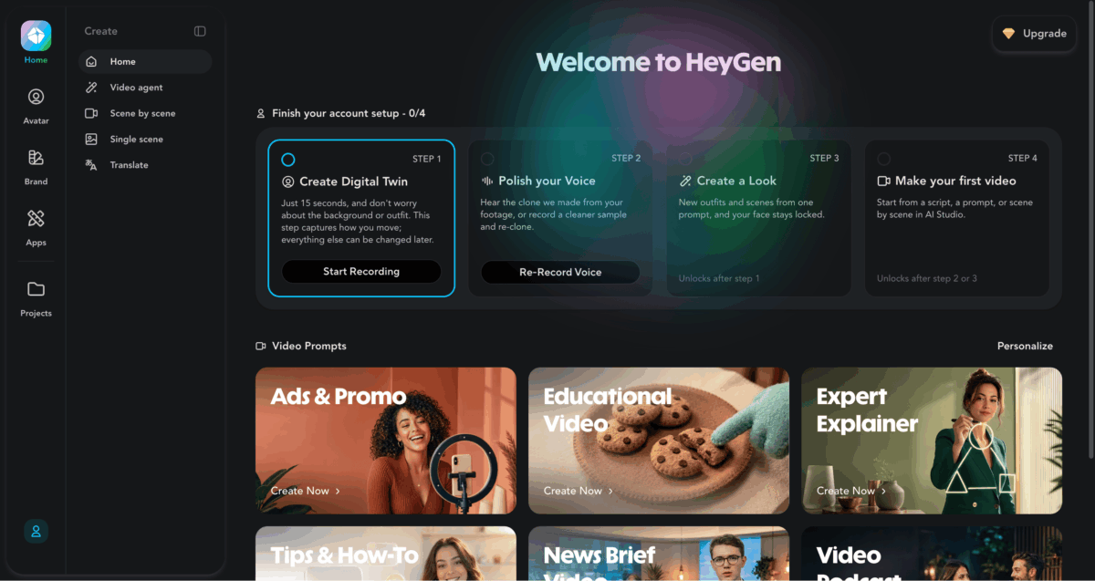 HeyGen AI video maker dashboard showing digital twin creation and video prompt options