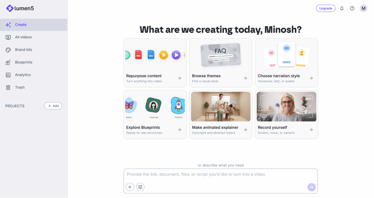 Lumen5 video maker dashboard showing content repurposing and video creation options