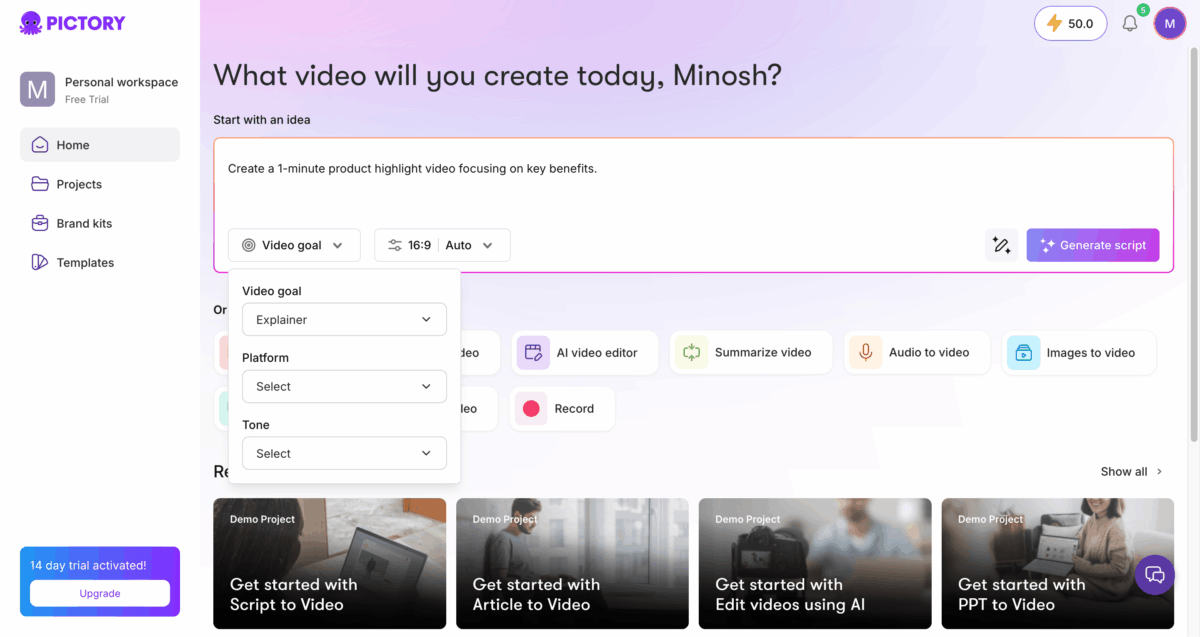 Pictory AI dashboard showing video creation options including script to video, article to video, and AI video editor