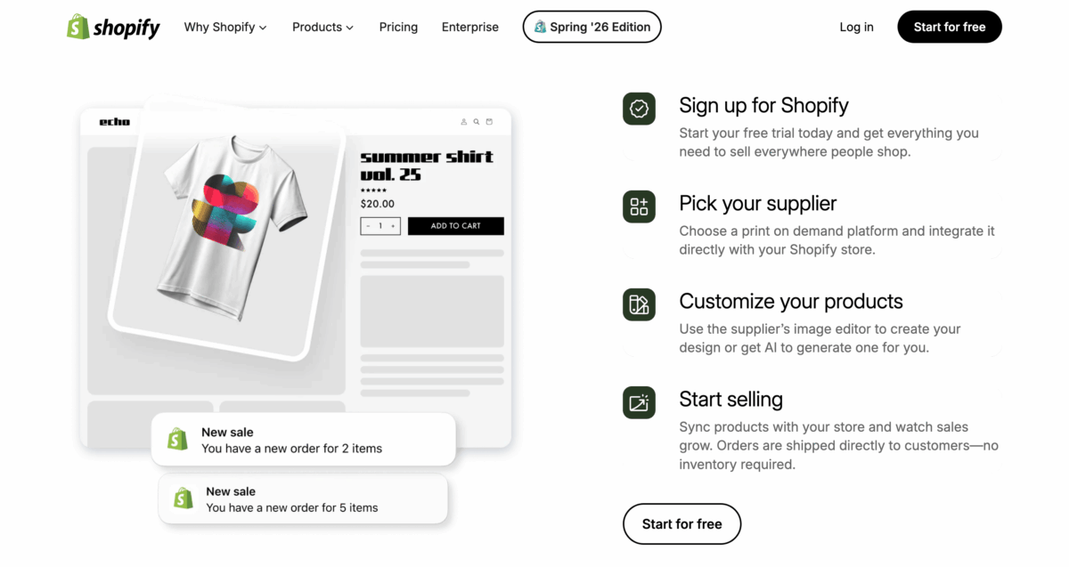 Shopify print on demand setup showing t-shirt store with no inventory required